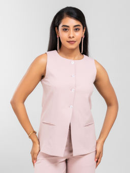 D’ALMIRAH - Women Blush Pink Round Neck Long Suit Waistcoat