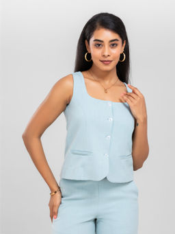 D’ALMIRAH - Women Sky Blue Square Neck Waistcoat