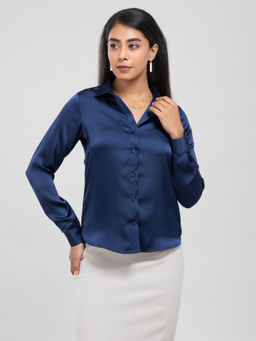 D’ALMIRAH - Navy Blue Solid Satin Shirt