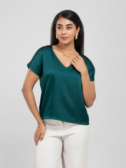 D’ALMIRAH - Teal Satin V Neck Top