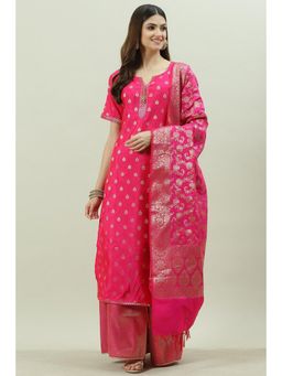 Biba - Pink Silk Unstitched Suit (Set of 3)