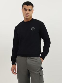 United Colors of Benetton - Black Crew Neck Solid Branded Interlock Sweatshirt
