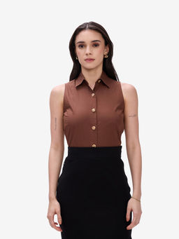 Strong And Brave - Women Comfort Fit Solid Spread Collar Pure Cotton Brown Casual Shirt