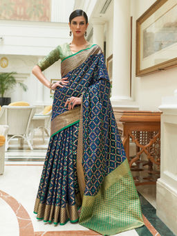 Odette - Festive Blue Silk Blend Woven Saree with Unstitched Blouse