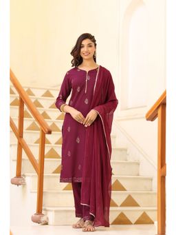 Vaamsi - Polysilk Printed Kurta Trousers Dupatta Purple (PKSKD1148 ) (Set of 3)