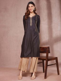 Fabindia - Black Viscose Silk Embroidered Long Kurta