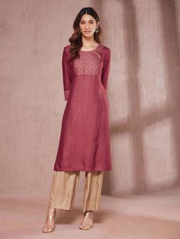 Fabindia - Red Viscose Silk Embroidered Long Kurta