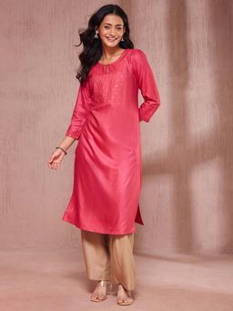 Fabindia - Pink Viscose Silk Embroidered Long Kurta