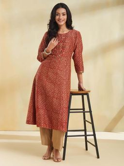 Fabindia - Maroon Cotton Silk Bagru Printed Slim Fit Kurta