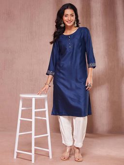 Fabindia - Navy Viscose Silk Embroidered Knee Length Kurta