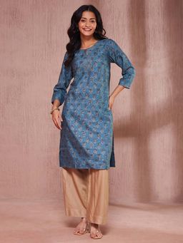 Fabindia - Teal Viscose Silk Hand Block Printed Knee Length Kurta