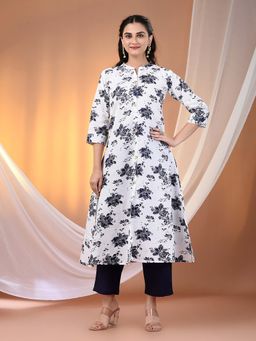 CHARUKRITI - White Cotton Floral Printed A-Line Kurta