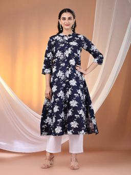CHARUKRITI - Navy Blue Cotton Floral Printed A-Line Kurta