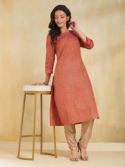 Fabindia - Coral Cotton Hand Block Printed Slim Fit Long Kurta