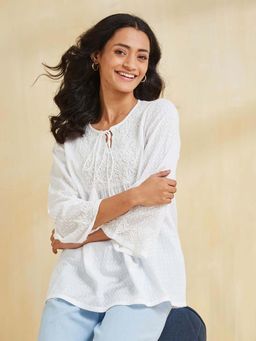 Fabindia - White Cotton Blend Chikankari Tunic