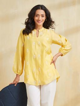 Fabindia - Yellow Cotton Silk Chikankari Tunic with Slip (Set of 2)