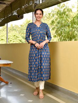 Jaipuri Adaah - Bashir Blue Hand Block Cotton Pleated Straight Buti Kurta