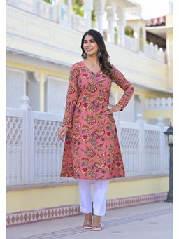 Jaipuri Adaah - Sayra Peach Floral Hand Block Printed A-Line Kurta