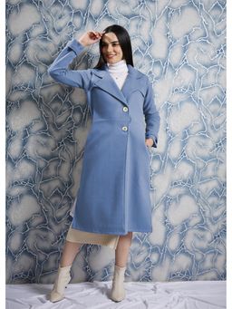 AAREIN - Blue Solid Long Sleeves Notched Lapel Longline Winter Coat