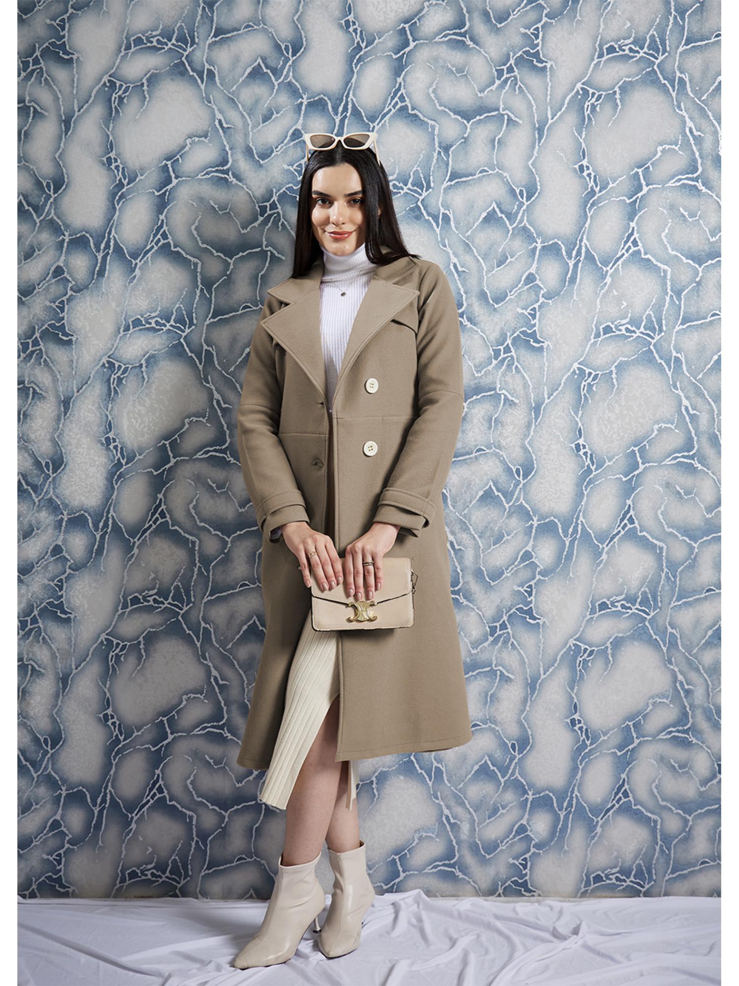 aarein Brown Solid Long Sleeves Notched Lapel Longline Winter Coat-picture-15