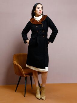 AAREIN - Black Solid Long Sleeves Shawl Regular Fit Knee Length Women Winter Coat