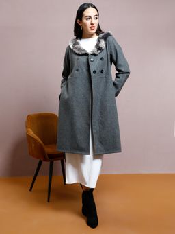 AAREIN - Grey Solid Long Sleeves Shawl Regular Fit Knee Length Women Winter Coat