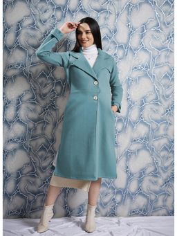 AAREIN - Blue Solid Long Sleeves Notched Lapel Longline Winter Coat