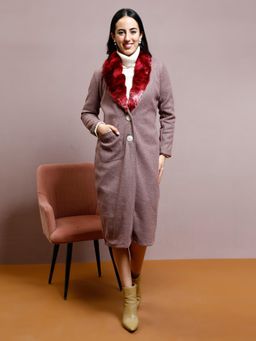 AAREIN - Maroon Solid Long Sleeves Shawl Regular Fit Longline Women Winter Coat