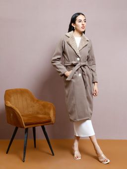 AAREIN - Brown Solid Long Sleeves Notched Lapel Regular Fit Longline Winter Coat