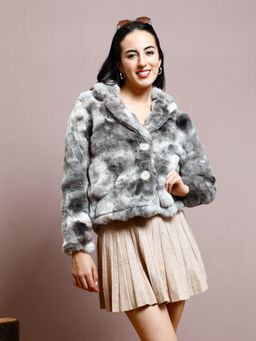 AAREIN - Grey Self Design Long Sleeves Notched Lapel Fur Women Winter Coat