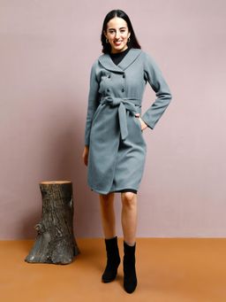 AAREIN - Pastel Blue Solid Long Sleeves Shawl Longline Winter Coat
