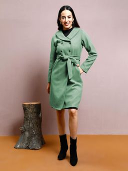 AAREIN - Green Solid Long Sleeves Shawl Regular Fit Longline Winter Coat