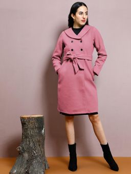AAREIN - Pink Solid Long Sleeves Shawl Regular Fit Longline Winter Coat