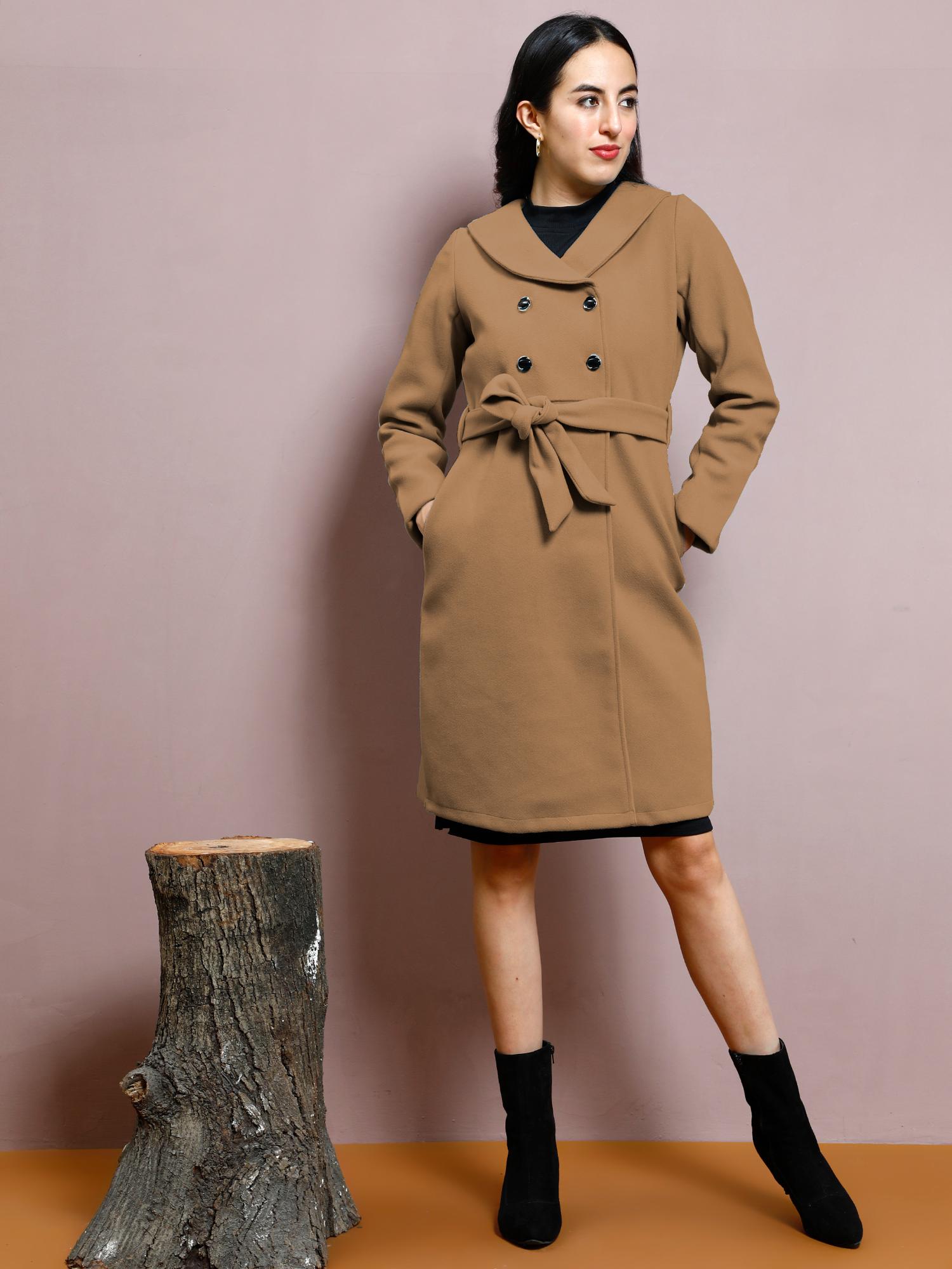 aarein Brown Solid Long Sleeves Shawl Regular Fit Longline Winter Coat-picture-25