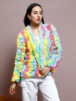 AAREIN - Multi-Color Self Design Long Sleeves Shawl Fur Regular Fit Winter Coat