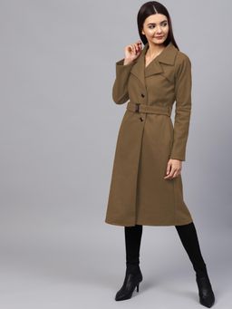 AAREIN - Brown Solid Long Sleeves Notched Lapel Longline Winter Coat