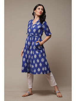 Biba - Womens Blue Yarndyed Ikat Straight Kurta (Set of 2)