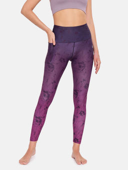 CULT - Purple Floral Ombre Yoga Wine Polyester Tights with Side Pocket