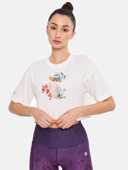 CULT - Graphic Print Yoga White Cotton Crop T-shirt