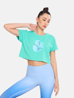 CULT - Graphic Print Yoga Sea Green Cotton Crop T-shirt