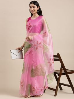 Vastranand - Solid Organza Party Wear Saree With Foil Print Flower Butta- Pink with Unstitched Blouse