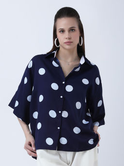 Qurvii - Women Navy Blue Polka Dots Casual Shirt