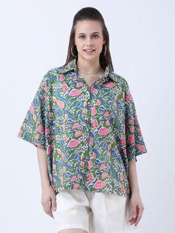 Qurvii - Women Green Floral Casual Shirt