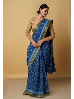 Unnati Silks - Navy Blue Pure Chanderi Cotton Saree with Unstitched Blouse