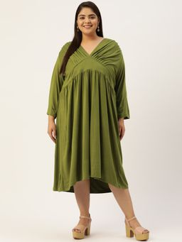 theRebelinme - Plus Size Women Olive Green Solid Color Viscose Knitted A-Line Dress
