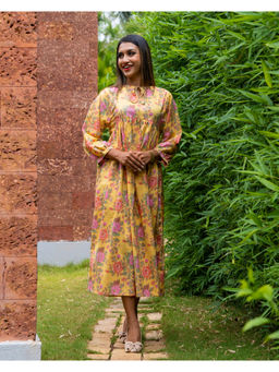 COTTONS DAILY - Yellow Floral Block Printed Cotton Midi Dress