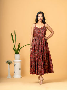 COTTONS DAILY - Red Kalamkari Print Goa Holiday Cotton Maxi Dress