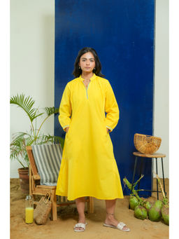 Pink Cactii - Lemon Yellow Solid Embroidered Midi Dress