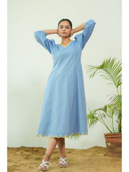 Pink Cactii - Bubble Gum Powder Blue Poplin Three Fourth Sleeves Midi Dress