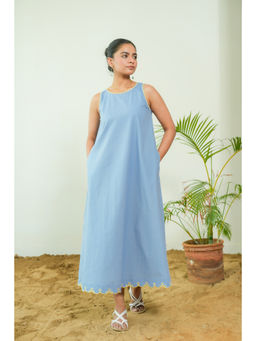 Pink Cactii - Powder Blue Round Neck A-Line Midi Dress